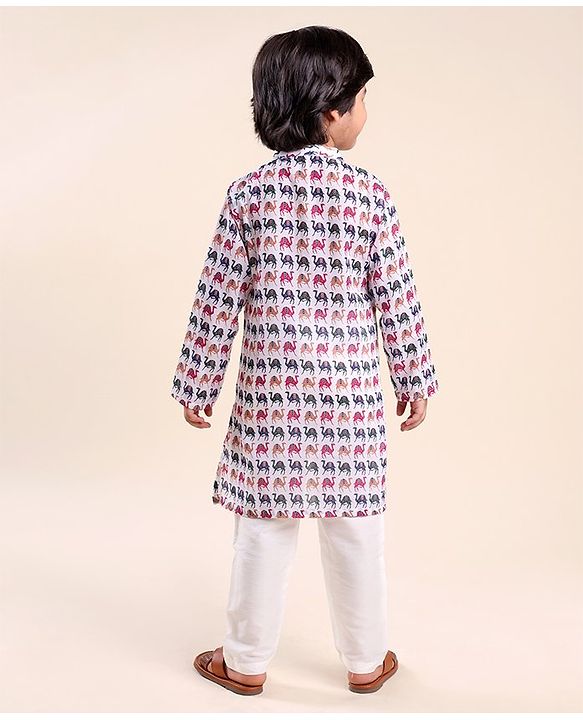 Babyhug 100% Cambric Full Sleeve Camel Printed Kurta With Solid Pyjama Set - White