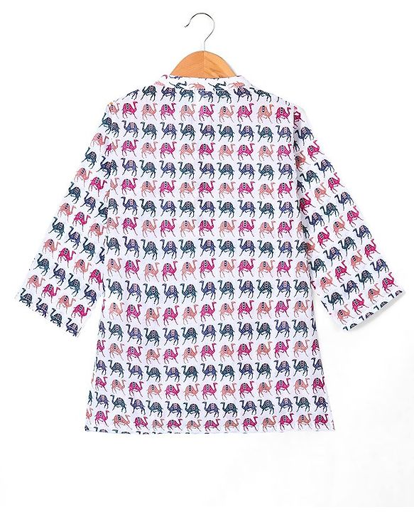 Babyhug 100% Cambric Full Sleeve Camel Printed Kurta With Solid Pyjama Set - White