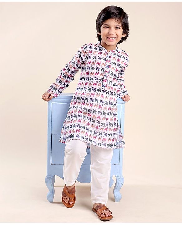 Babyhug 100% Cambric Full Sleeve Camel Printed Kurta With Solid Pyjama Set - White