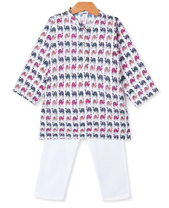 Babyhug 100% Cambric Full Sleeve Camel Printed Kurta With Solid Pyjama Set - White