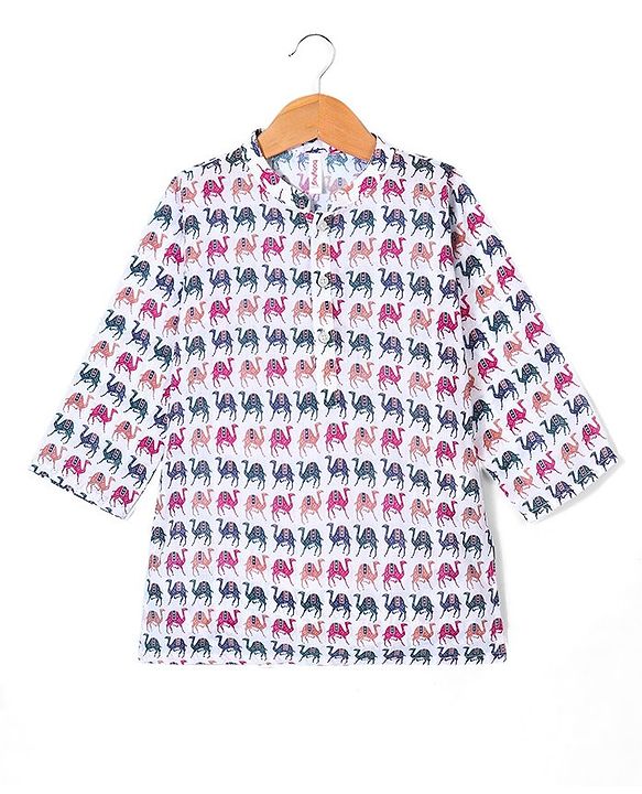Babyhug 100% Cambric Full Sleeve Camel Printed Kurta With Solid Pyjama Set - White