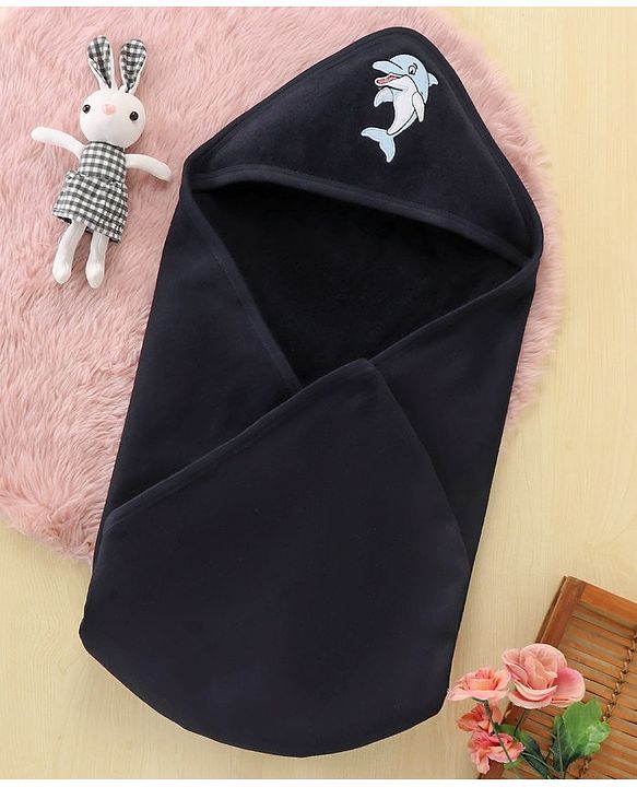 Babyhug Cotton Terry Knit Towel with Hood Dolphin Applique L 76.2 x B 76.2 cm - Navy Blue