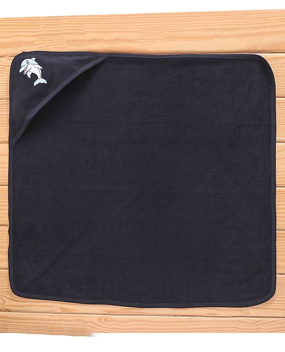Babyhug Cotton Terry Knit Towel with Hood Dolphin Applique L 76.2 x B 76.2 cm - Navy Blue