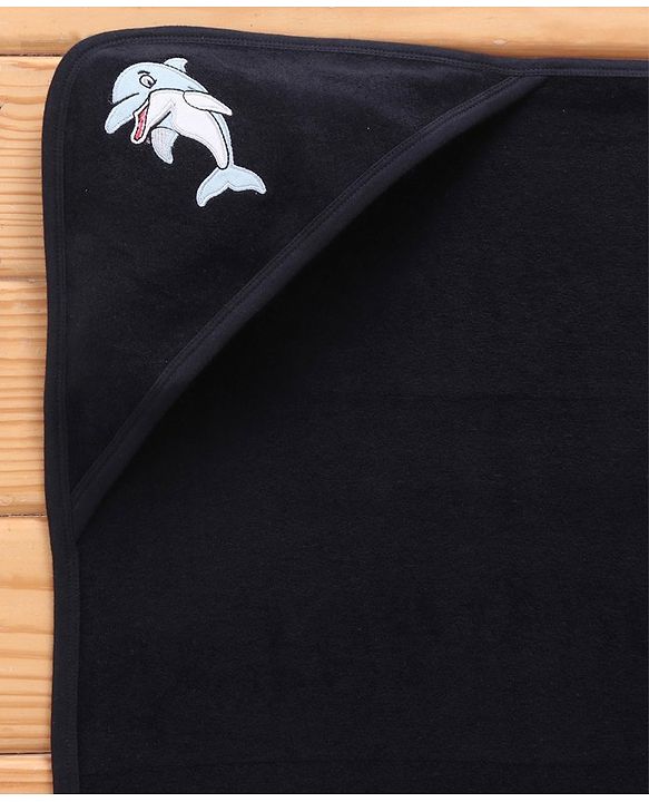 Babyhug Cotton Terry Knit Towel with Hood Dolphin Applique L 76.2 x B 76.2 cm - Navy Blue