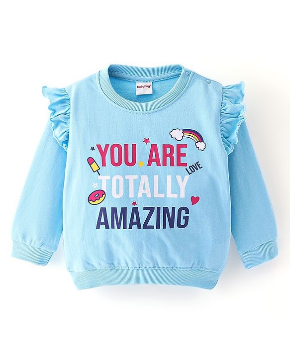 Babyhug 100% Cotton Knit Full Sleeves Sweatshirt With Text Graphics - Blue
