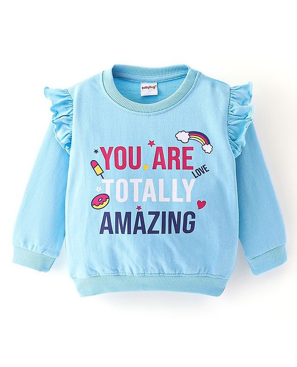 Babyhug 100% Cotton Knit Full Sleeves Sweatshirt With Text Graphics - Blue