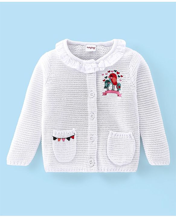 Babyhug Full Sleeves Front Open Sweater with Birds Design - OffWhite