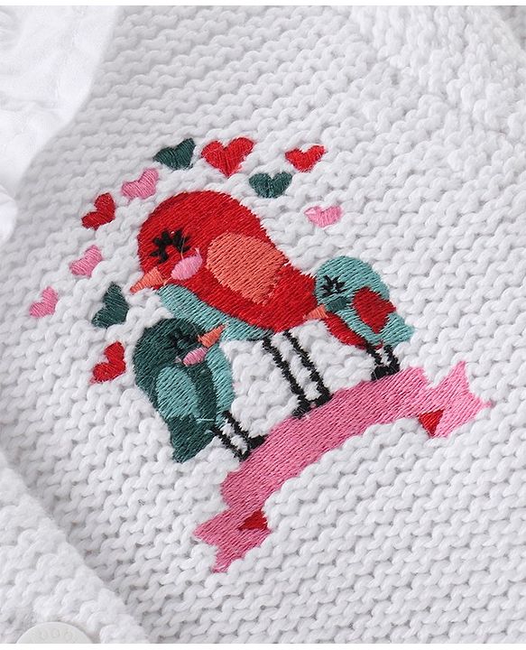 Babyhug Full Sleeves Front Open Sweater with Birds Design - OffWhite