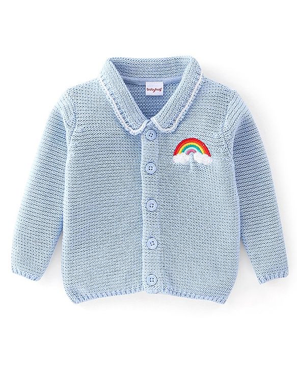 Babyhug Knitted Full Sleeves Sweater With Rainbow Embroidery - Blue