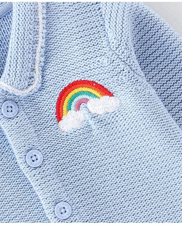 Babyhug Knitted Full Sleeves Sweater With Rainbow Embroidery - Blue