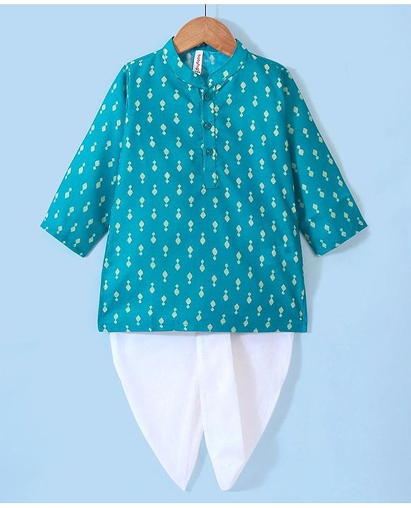 Babyhug Cotton Foil Printed Full Sleeves Kurta with Dhoti  Set - Teal Blue