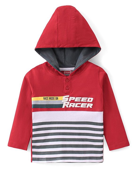 Babyhug 100% Cotton Full Sleeves Striped T-Shirt With Hood & Graphics - Red