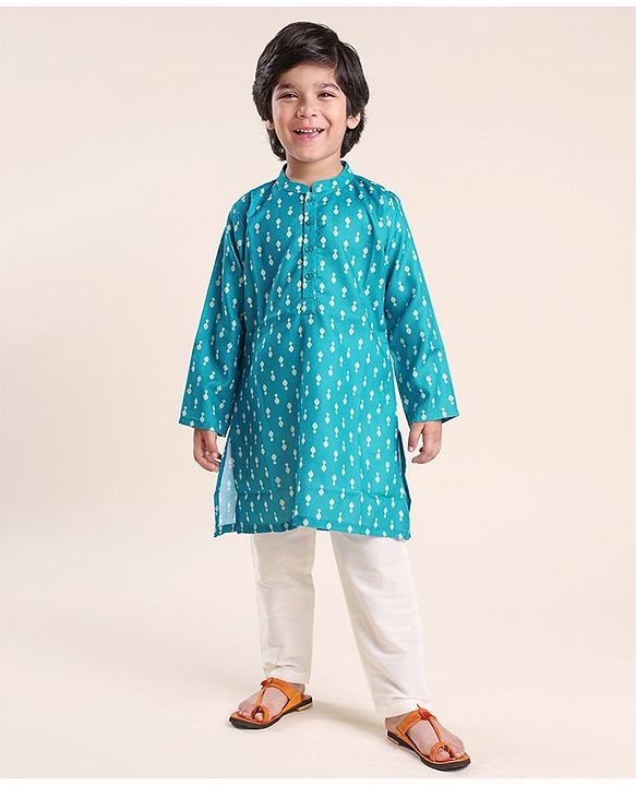 Babyhug 100% Cambric Full Sleeve Printed Kurta With Solid Pyjama Set - Teal Blue