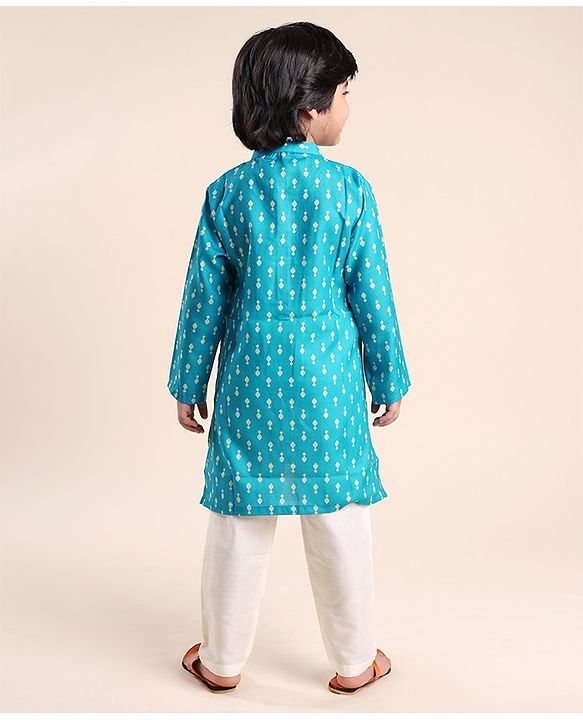 Babyhug 100% Cambric Full Sleeve Printed Kurta With Solid Pyjama Set - Teal Blue