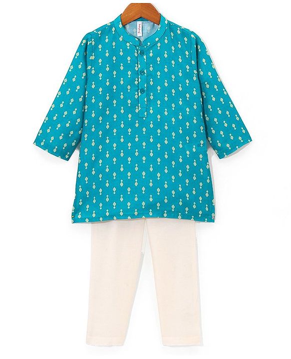 Babyhug 100% Cambric Full Sleeve Printed Kurta With Solid Pyjama Set - Teal Blue