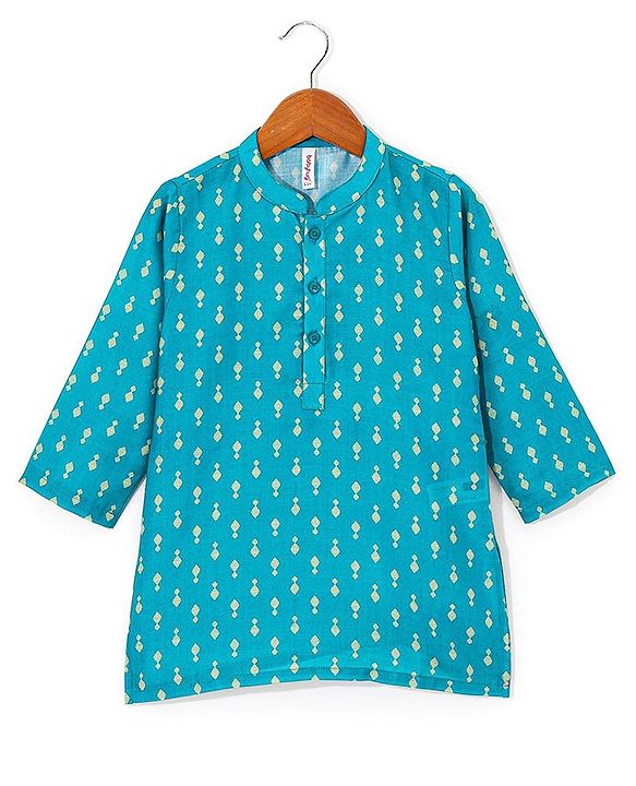 Babyhug 100% Cambric Full Sleeve Printed Kurta With Solid Pyjama Set - Teal Blue
