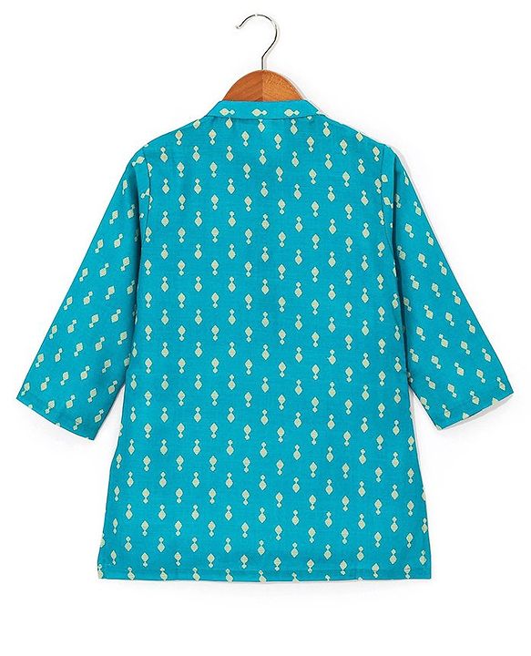 Babyhug 100% Cambric Full Sleeve Printed Kurta With Solid Pyjama Set - Teal Blue
