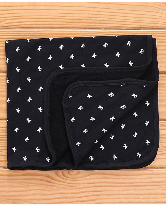 Babyhug Cotton Knit Terry Bow Print Towel - Black