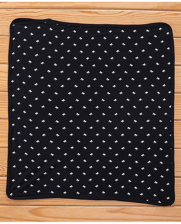Babyhug Cotton Knit Terry Bow Print Towel - Black