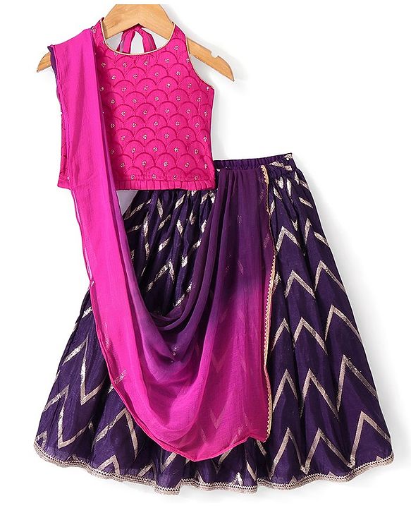 Babyhug Woven Sleeveless Choli & Lehenga Dupatta Gotta Patti & Sequine Detailing - Pink & Purple