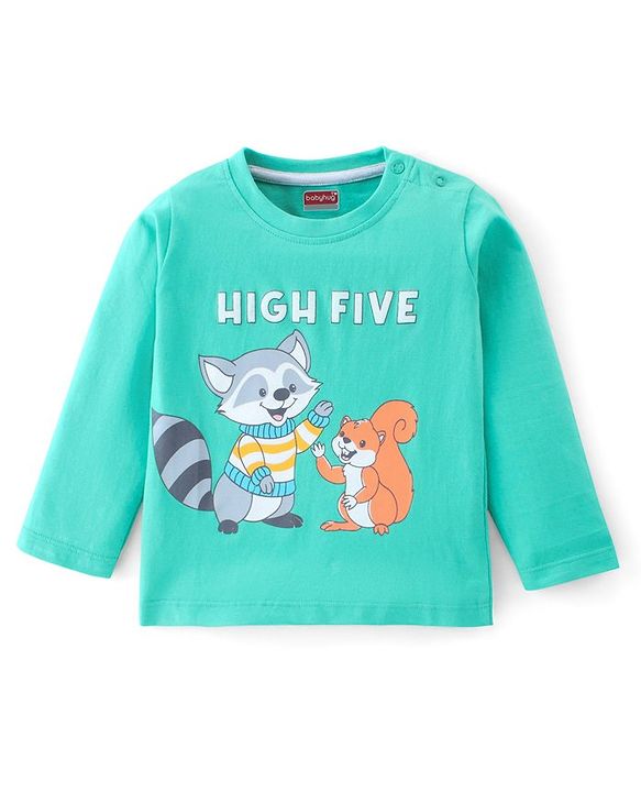 Babyhug 100% Cotton Knit Full Sleeves T-Shirt With Racoon Graphics - Green & Blue