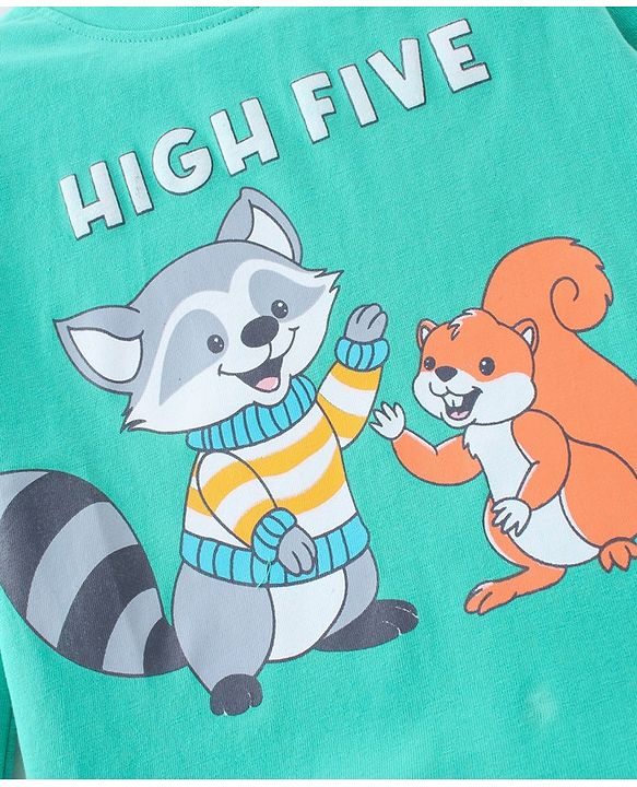 Babyhug 100% Cotton Knit Full Sleeves T-Shirt With Racoon Graphics - Green & Blue