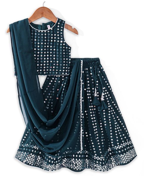 Babyhug Sleeveless Sequin Embroidered Lehenga Choli Duatta Set - Teal