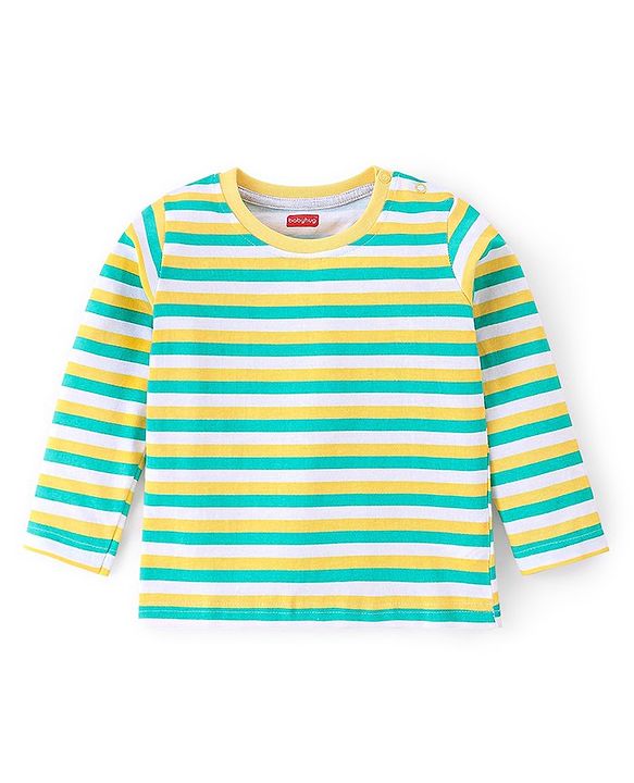 Babyhug 100% Cotton Full Sleeves T-Shirts with Bear Print & Striped Pack of 3 - Blue & Yellow