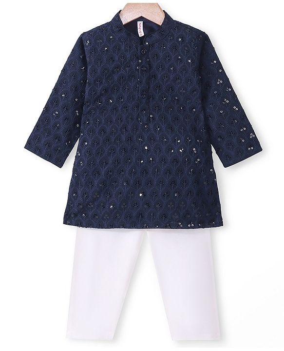 Babyhug Woven Full Sleeves Kurta Pyjama Set With Sequenced Embroidery - Navy Blue