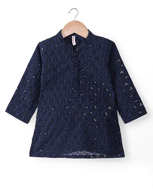 Babyhug Woven Full Sleeves Kurta Pyjama Set With Sequenced Embroidery - Navy Blue