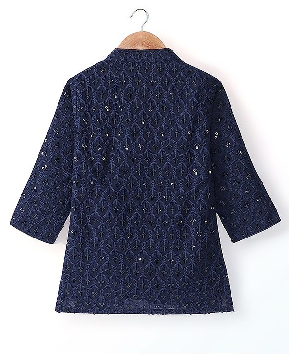 Babyhug Woven Full Sleeves Kurta Pyjama Set With Sequenced Embroidery - Navy Blue