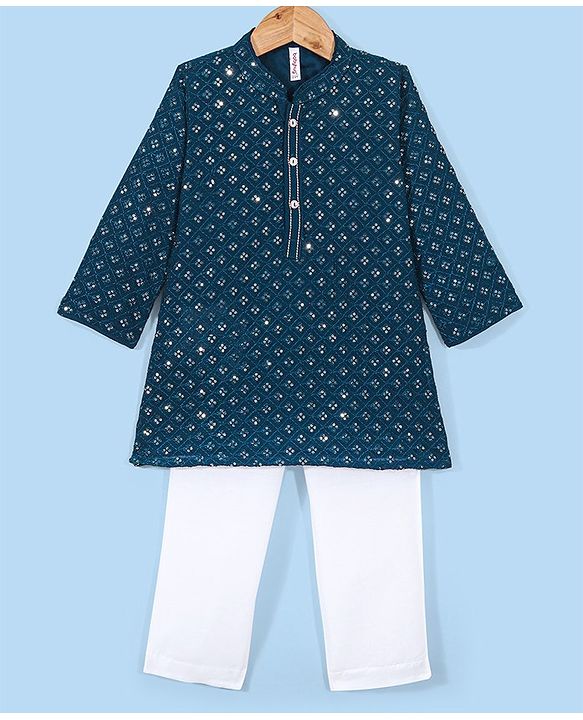 Babyhug Full Sleeves  Sequenced Embroidered Kurta & Pyjama Set  - Teal Blue