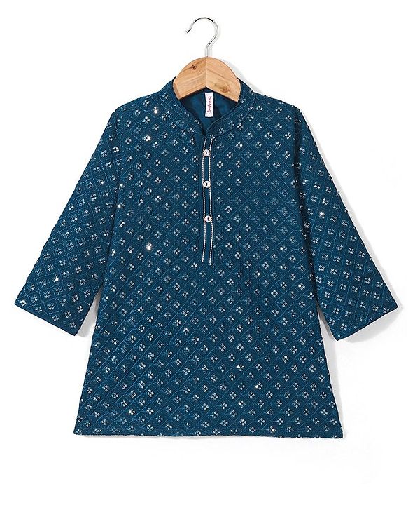 Babyhug Full Sleeves  Sequenced Embroidered Kurta & Pyjama Set  - Teal Blue