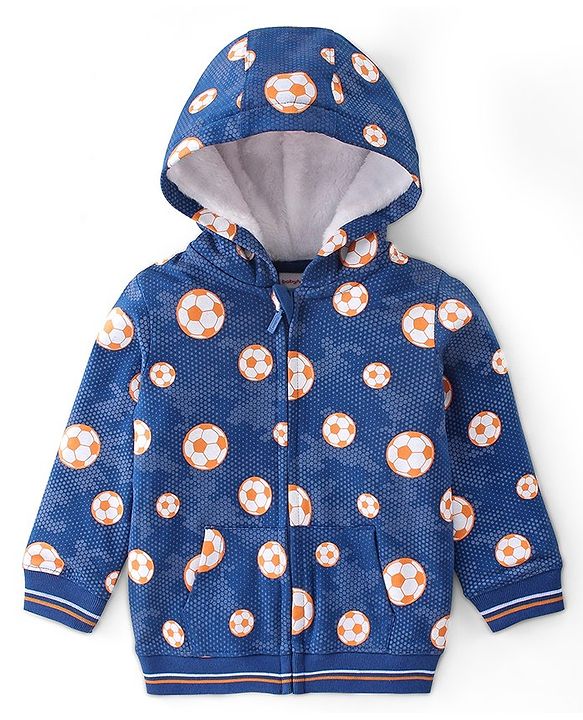 Babyhug 100% Cotton Knit Full Sleeves Sweat Jacket with Hood with Ball Design- Navy Blue