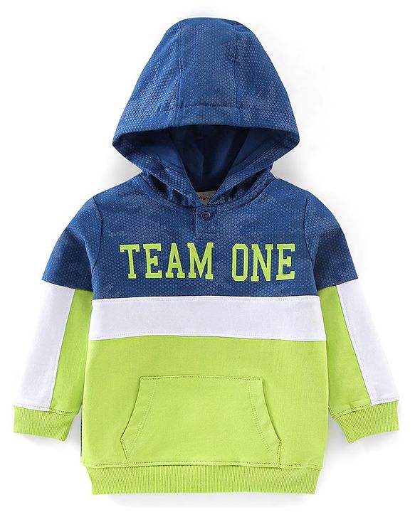 Babyhug Cotton Knit Full Sleeves Text Graphics Hooded Sweatshirt - Navy & Lime Green