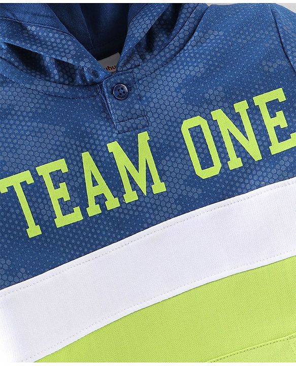 Babyhug Cotton Knit Full Sleeves Text Graphics Hooded Sweatshirt - Navy & Lime Green