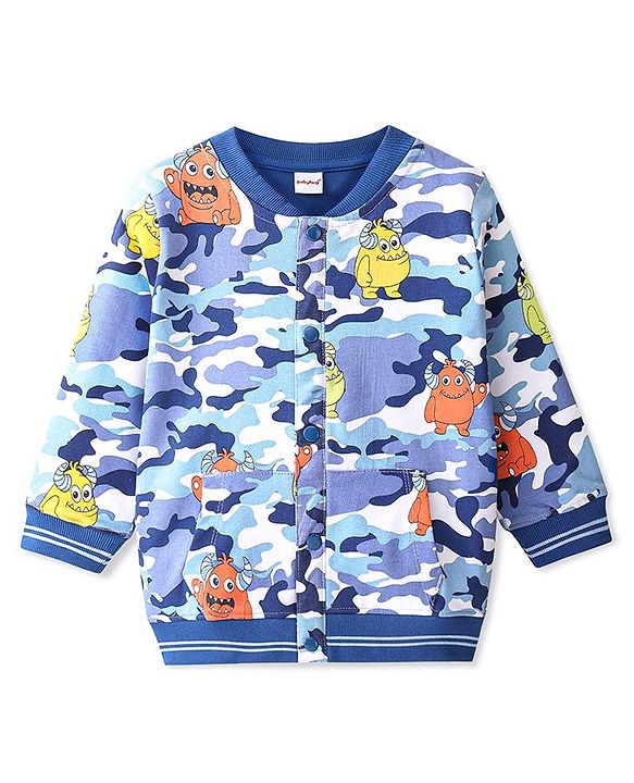 Babyhug Cotton Full Sleeves Bomber Jacket Monster Print - BLue
