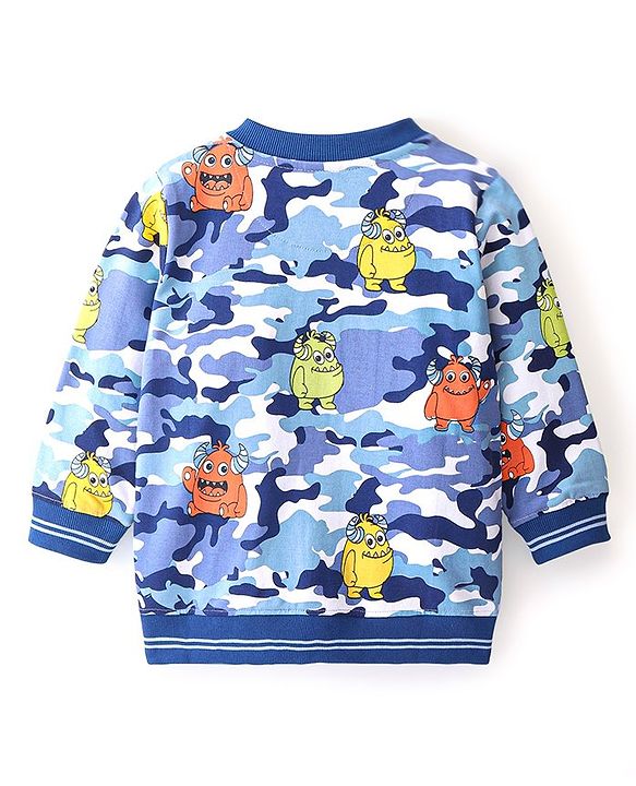 Babyhug Cotton Full Sleeves Bomber Jacket Monster Print - BLue