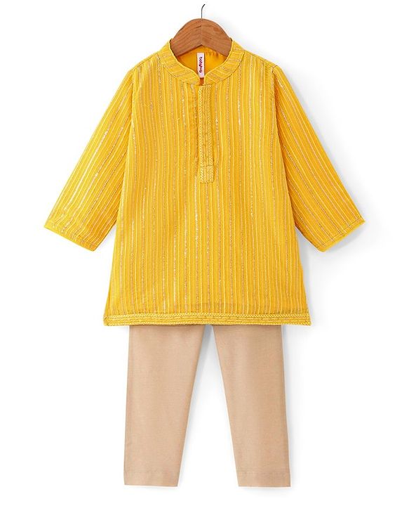 Babyhug Woven Full Sleeves Sequenced Embroidered Kurta Pyjama Set  -Yellow