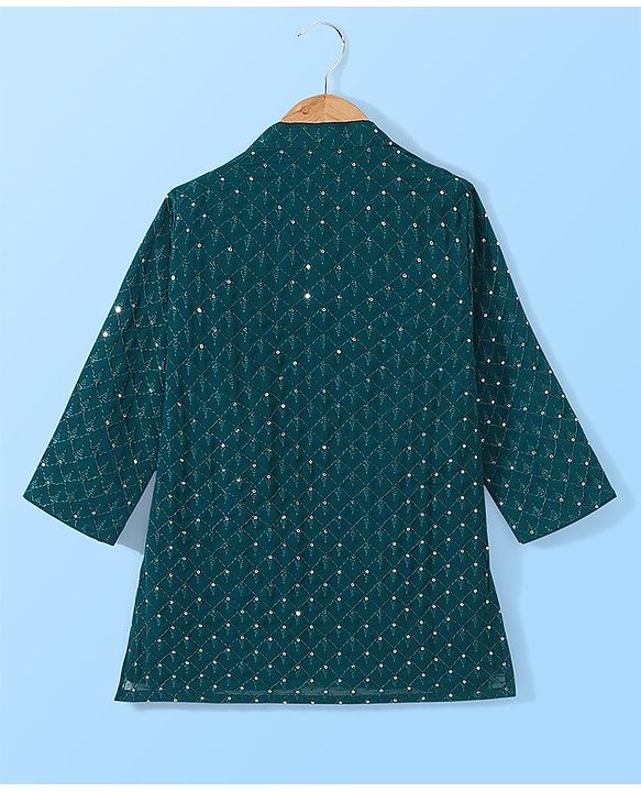Babyhug Full Sleeves Sequenced Embroidered Kurta & Pyjama Set - Teal Green