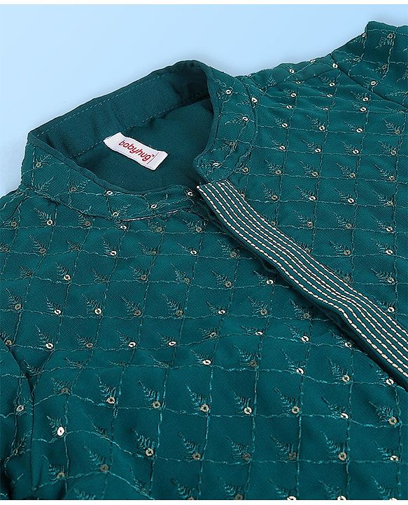 Babyhug Full Sleeves Sequenced Embroidered Kurta & Pyjama Set - Teal Green
