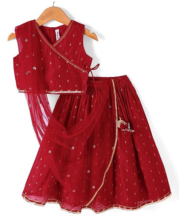 Babyhug Sleveless Chanderi Butti Angarkha Choli with Lehenga and Dupatta - Red