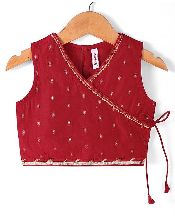 Babyhug Sleveless Chanderi Butti Angarkha Choli with Lehenga and Dupatta - Red