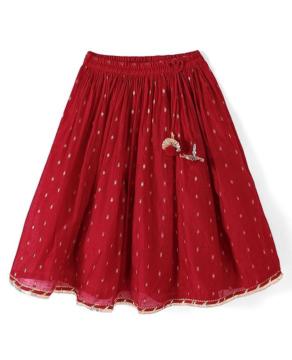 Babyhug Sleveless Chanderi Butti Angarkha Choli with Lehenga and Dupatta - Red