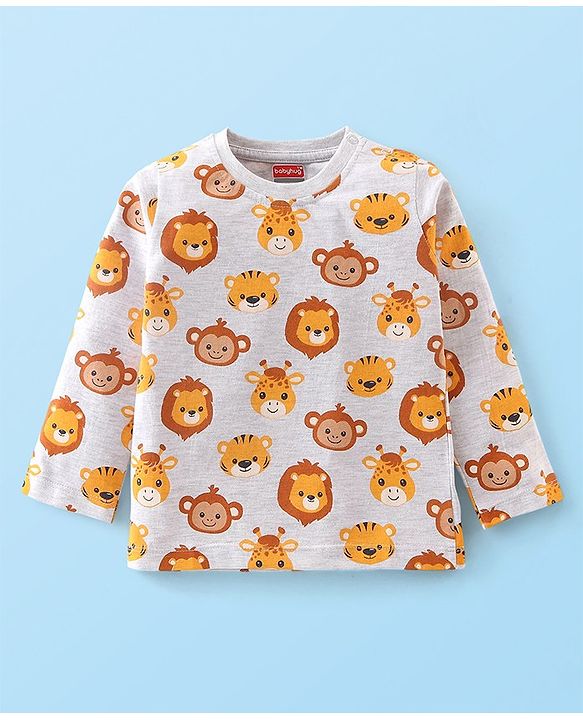 Babyhug Cotton Knit Full Sleeves T-Shirt Animal Print - White Melange