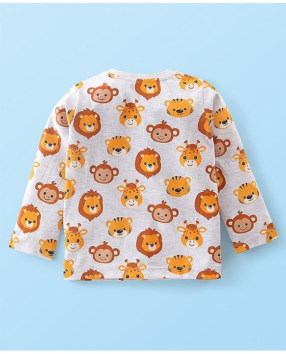 Babyhug Cotton Knit Full Sleeves T-Shirt Animal Print - White Melange