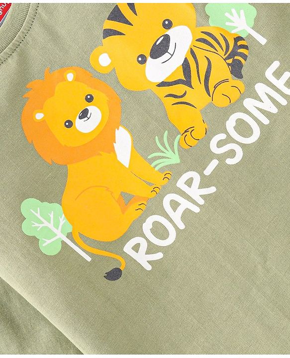 Babyhug 100% Cotton Knit Full Sleeves T-Shirt with Lion Graphics - Olive Green