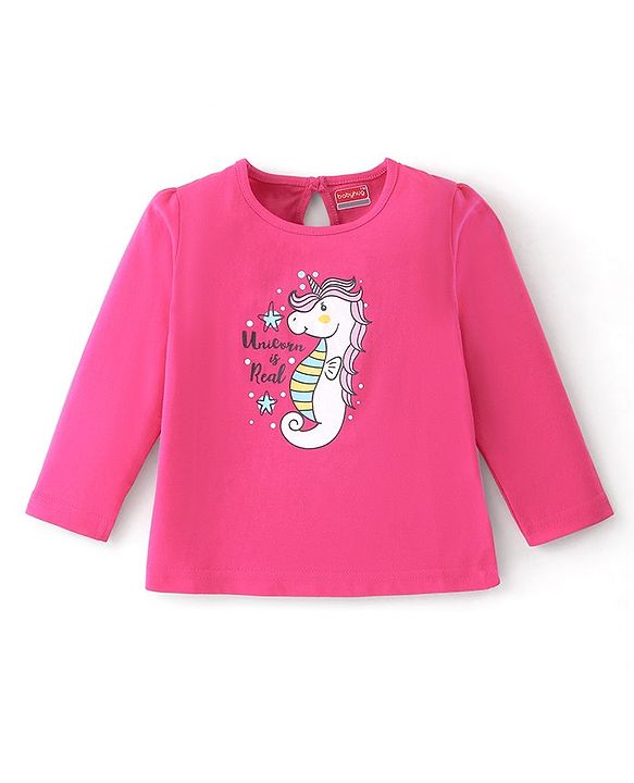 Babyhug Cotton Knit Full Sleeves T-Shirt with Unicorn Graphics - Fuchsia
