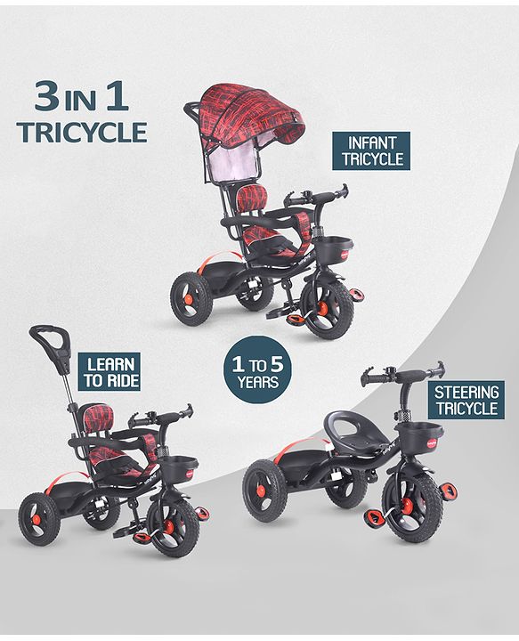 Babyhug Plug & Play Apache Tricycle with Parental Handle and Printed Canopy Military Theme - Green