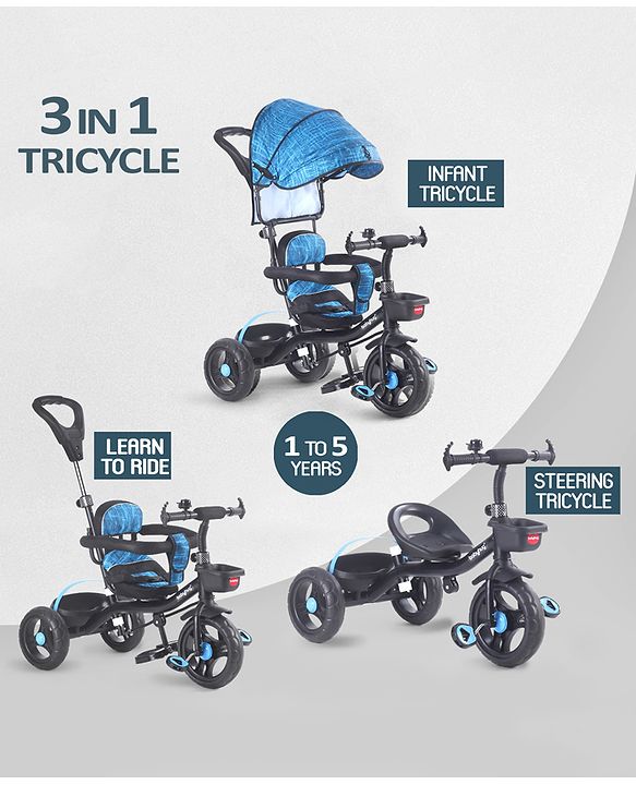 Babyhug Plug & Play Apache Tricycle with Parental Handle and Printed Canopy Military Theme - Green